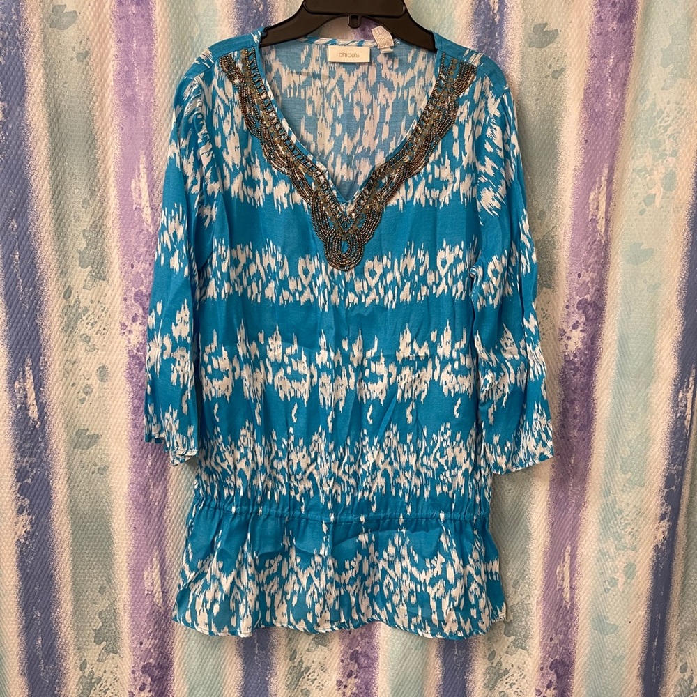 Chico’s 1 blue & white tunic, bronze beaded v-neck